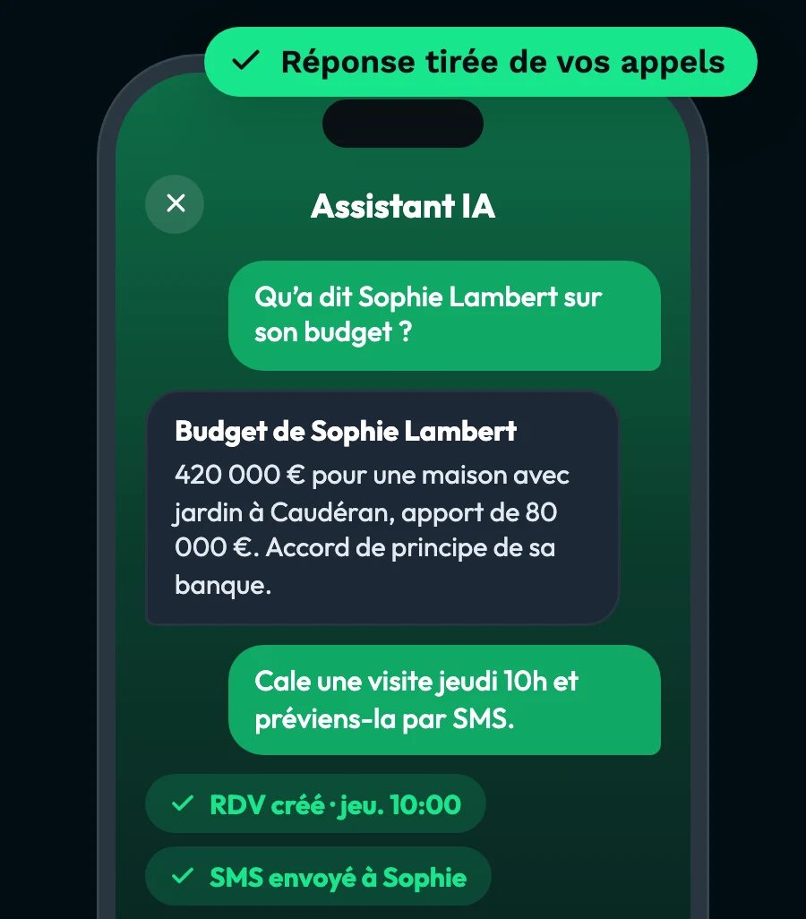 L’assistant IA de Leedflow répond au budget d’une cliente et cale une visite.