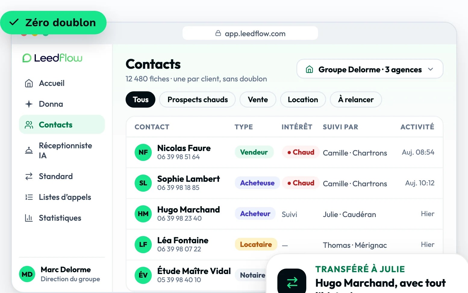 Les contacts partagés de l’agence sur app.leedflow.com, une fiche par client.
