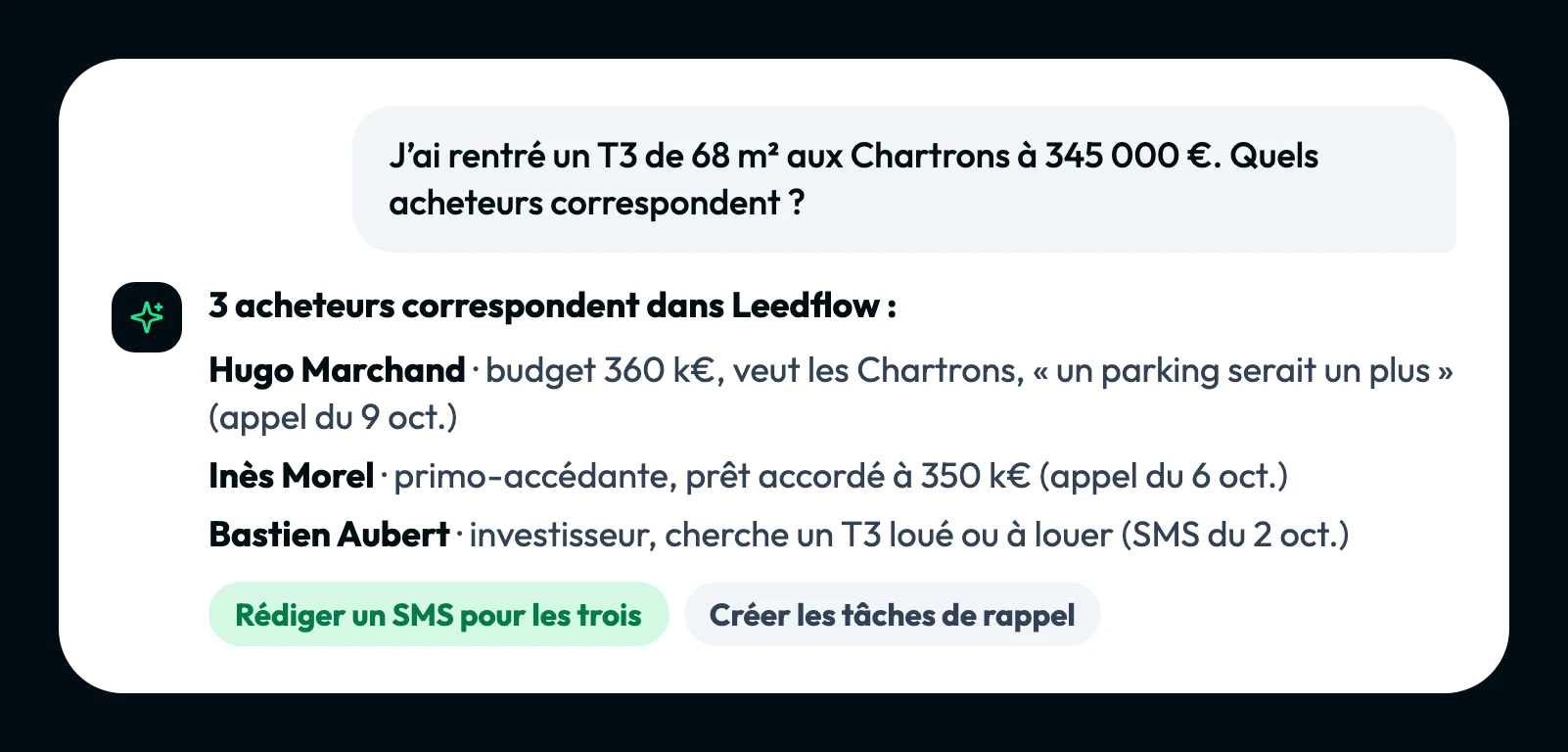 Dans ChatGPT ou Claude, Leedflow retrouve les trois acheteurs qui correspondent à un T3.