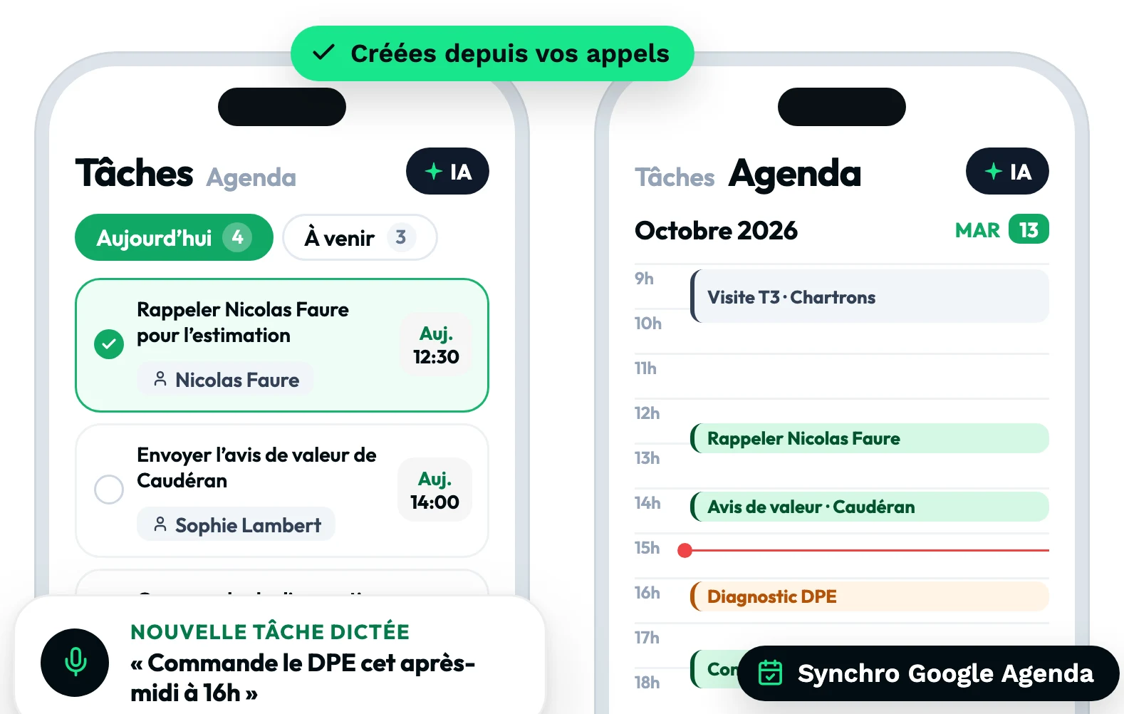 Les tâches du jour et l’agenda dans l’app Leedflow, créés depuis les appels.