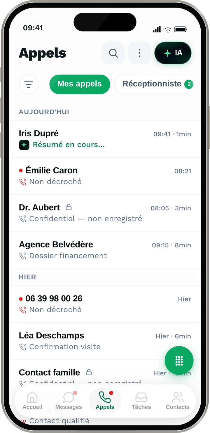 Liste des appels du jour dans l’application Leedflow
