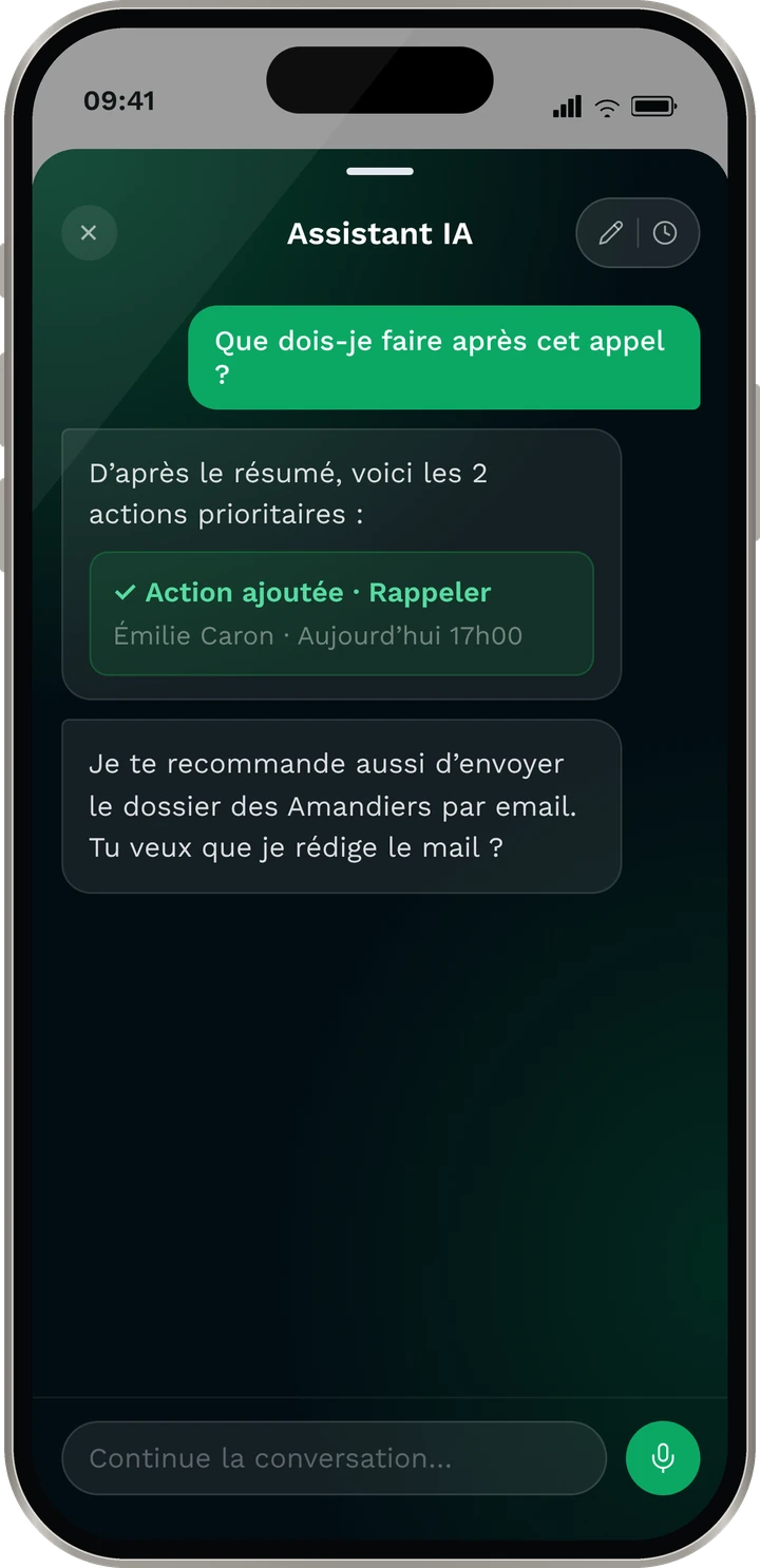 L’assistant IA propose les actions après un appel et ajoute le rappel