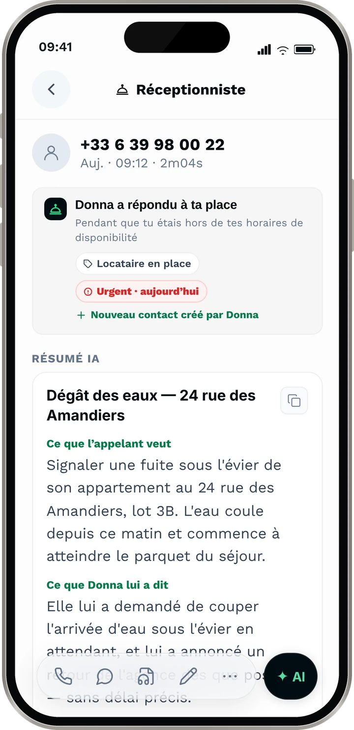 Donna a décroché à votre place, signalé l’urgence et créé la fiche contact
