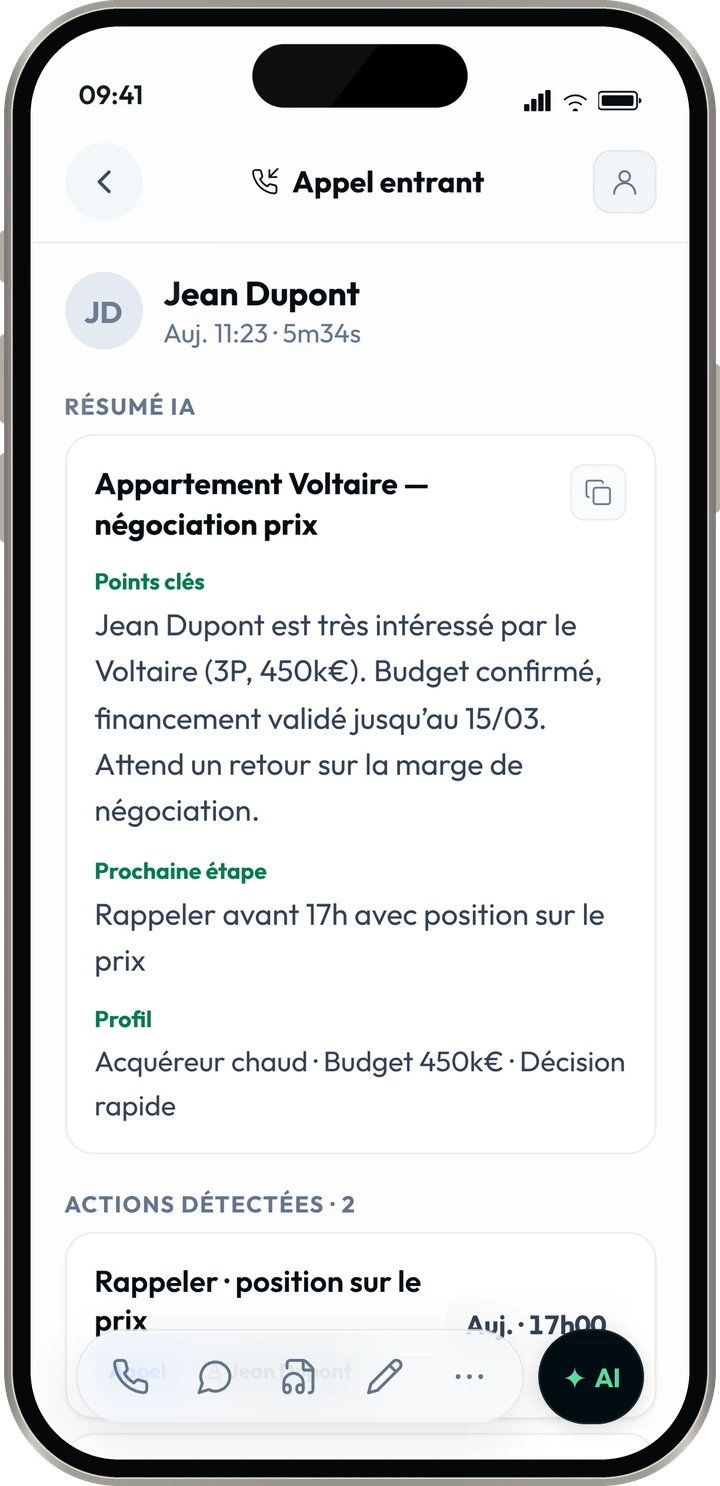 Résumé IA de l’appel avec Jean Dupont : projet, budget, prochaine étape
